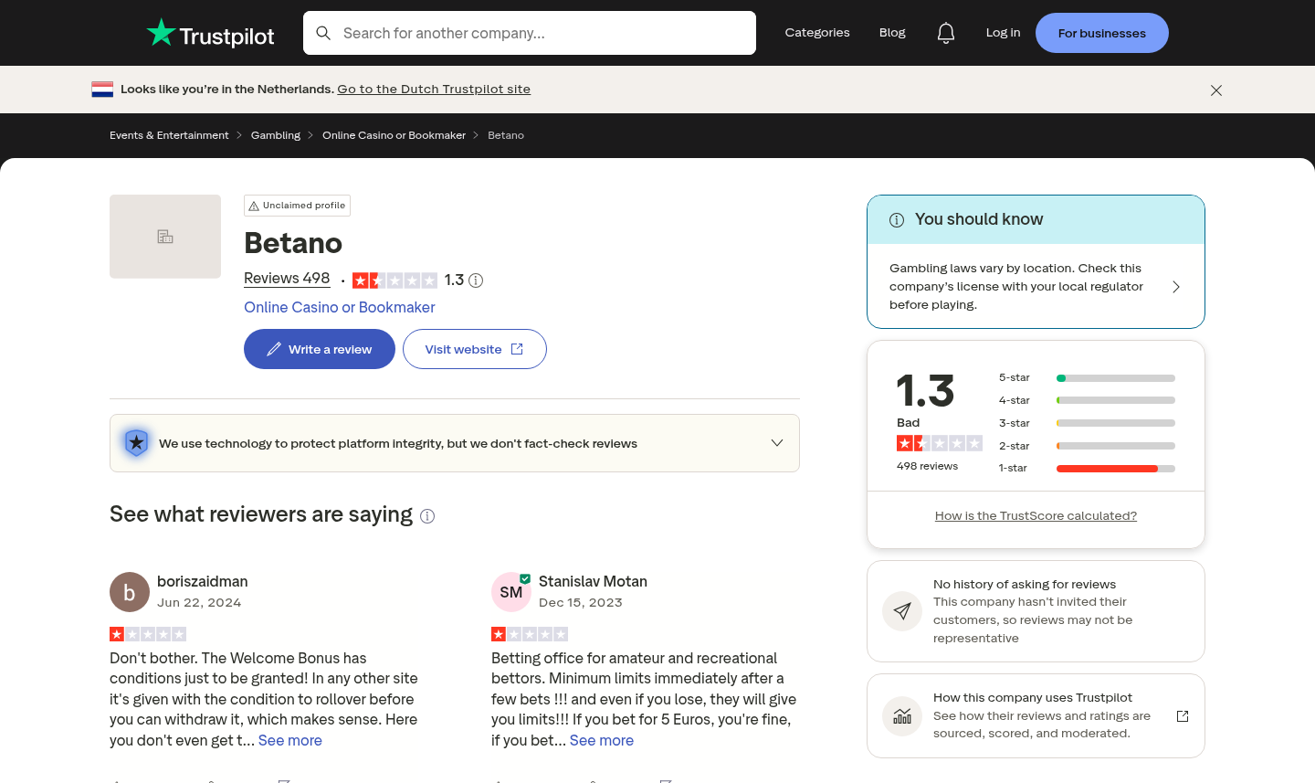 Dated capture of user-review context associated with betano.com